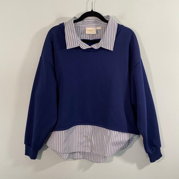 Maeve by Anthropology Women Navy Stripe Preppy Poplin Layered Sweater Size L - Picture 1 of 8